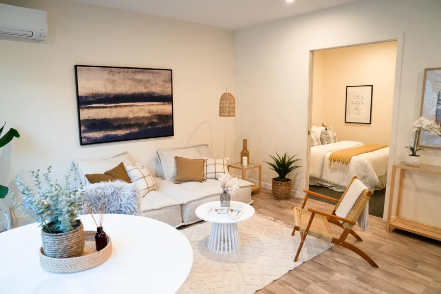 Internal view of Live Work apartment. Shows living space and bedroom.