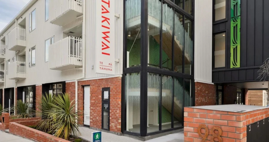 View of outside of Takiwai, the first apartment block at Te Pā Tāhuna