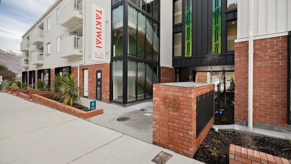 External image showing the front of Takiwai with artwork and gardens