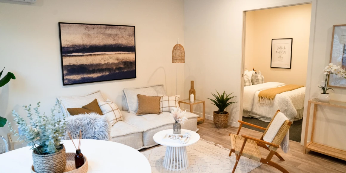 Internal view of Live Work apartment. Shows living space and bedroom.